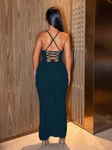 Zolique 女式纯色超长修身细肩带镂空针织连衣裙，春夏 - 黑色 - 查看 2