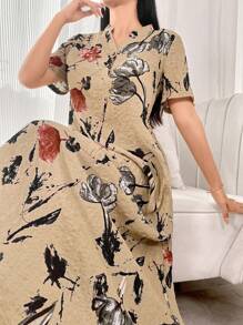 Al Najma V-Ausschnitt Knopfverschluss Kurzarm Kleid mit durchgehendem Blume Muster im arabischen Stil, lässiges A-Linien Kleid in lockerer Passform für Arabien