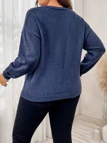 SHEIN LUNE Áo len cardigan dài tay họa tiết hoa cỡ lớn cho nữ, mùa thu/đông - Màu xanh hải quân - Xem 3