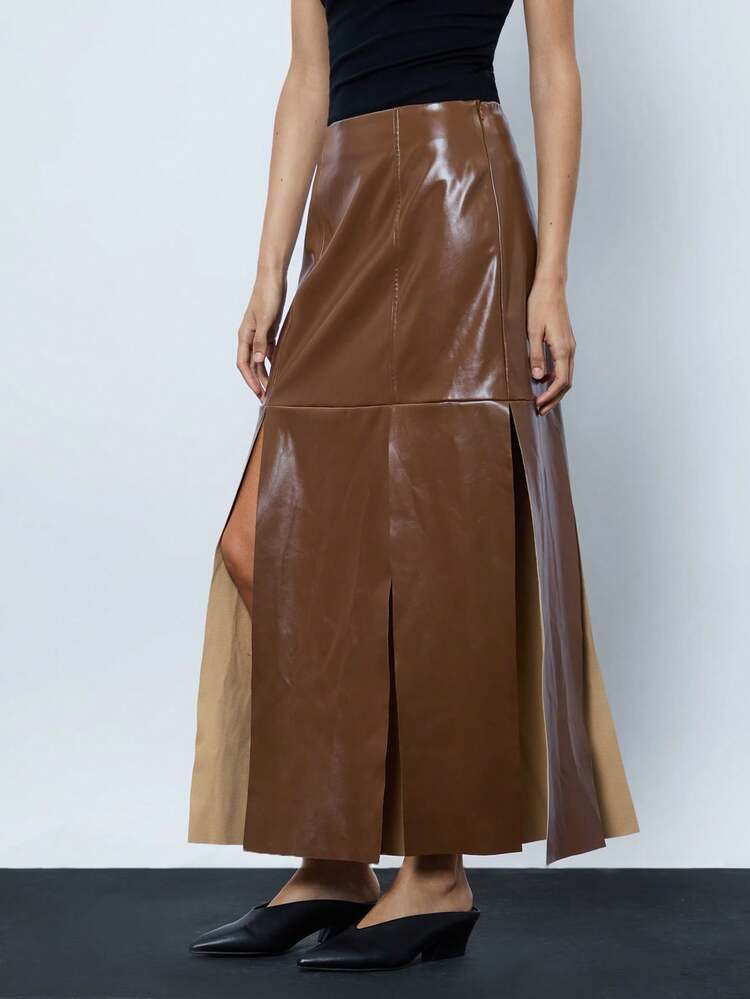 SHEIN Maija Women's Solid Color PU Leather High Slit Elegant Skirt Fall Women Clothes