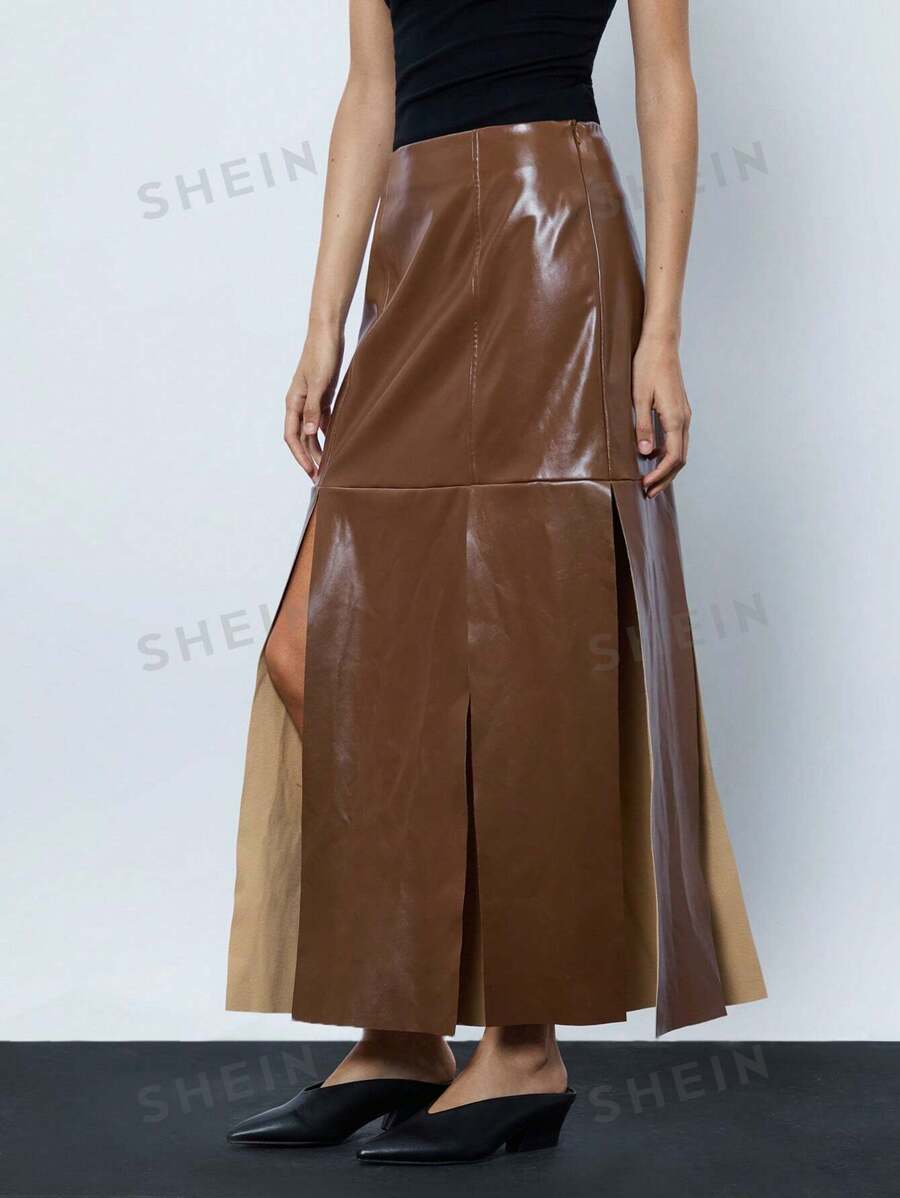 Maija Falda elegante con abertura alta de unicolor de PU para mujer, ropa de mujer de otoño