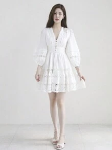 DAZY Ladies Lace Patchwork Elegant Midi Dress,Ruffle,Fall Dress Long Sleeve Dress