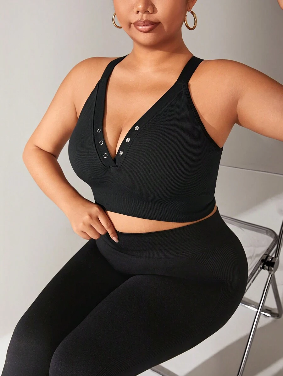 大码女士纯色无钢圈运动文胸 - 黑色 - 查看 1