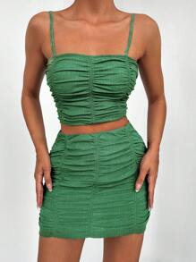 SHEIN PETITE Ruched Crop Cami Top & Bodycon Skirt - Dark Green - View 3