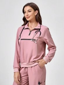 TaskEZ 2 stuks effen kleur split voor rits lange mouw minimalistische top en broek uniform scrub set