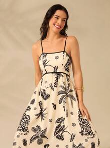 CAJUNI 女士波西米亚风印花、热带椰子树、豹纹、菠萝黑色印花、露背米色超长连衣裙、夏季休闲、海滩度假连衣裙 - 彩色 - 查看 9