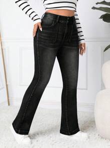 SHEIN EZwear Plus Size Button Waistband Pockets Street Versatile Flare Jeans