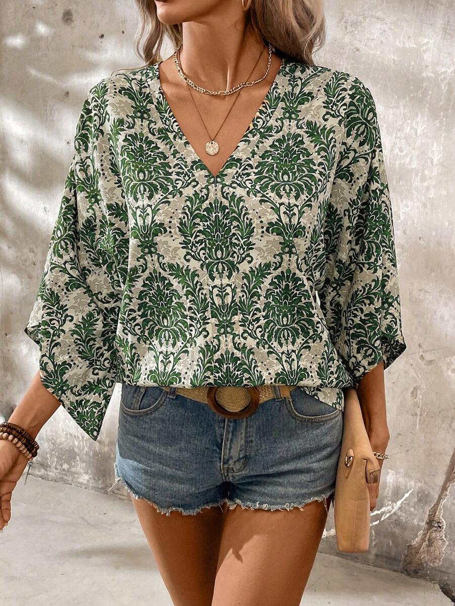 SHEIN LUNE Áo sơ mi nữ cổ chữ V tay cánh dơi in họa tiết thường ngày - Màu xanh lá cây đậm - Xem 1