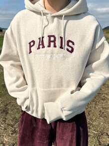 DAZY 男士字母刺绣长袖连帽衫，带口袋，秋季休闲日常穿着 - 米色 - 查看 8