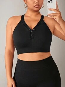 大码女士纯色无钢圈运动文胸 - 黑色 - 查看 3