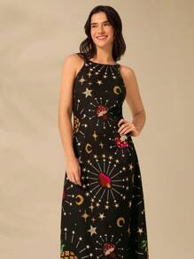 CAJUNI Đầm dài không tay màu đen họa tiết Boho, sao, mặt trăng, nấm, quả dứa, dành cho nữ, thường ngày mùa hè, váy đi biển - Nhiều màu - Xem 1