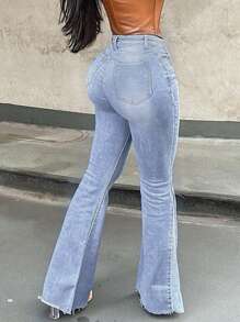 Women's Front Button Pocket Fringe Hem Slim Flared Jeans, Casual Everyday Wear - 藍色 - 查看 2