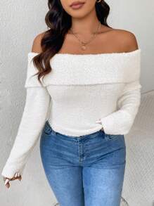SHEIN Frenchy Jersey holgado de un solo color con mangas largas y hombros descubiertos para mujer de talla grande - Blanco - Ver 4