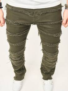 Manfinity EMRG Men's Solid Color Frayed Edge Pocket Skinny Jeans