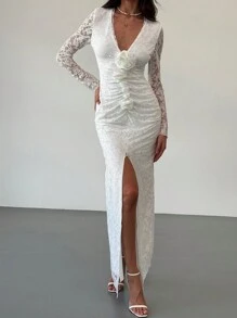 Aloruh New Arrival White Lace Sexy Deep V Floral 3D Decor Long Sleeve Elegant Cocktail Party Dress - White - View 6