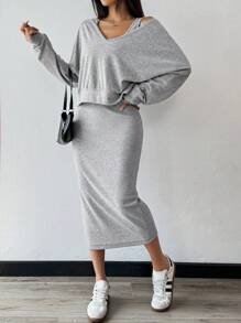 SHEIN Unity 2 件套女士春夏方领蝙蝠袖运动衫和方领无袖连衣裙套装 - 灰色 - 查看 5