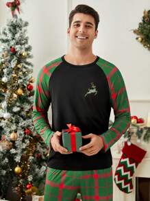 2pcs Men's Crew Neck Solid Color Patchwork Deer Print Long Sleeve Loungewear Set - Multicolor - View 7