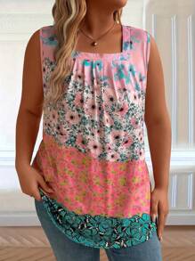 SHEIN LUNE Top tipo tank informal para vacaciones de talla grande con cuello cuadrado sin mangas, estampado floral por toda la prenda - Multicolor - Ver 1