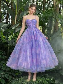 花卉薄纱褶皱紧身胸衣吊带返校派对礼服非常适合返校、聚会、舞会和鸡尾酒会优雅舞会半正式婚礼宾客礼服，适合生日、毕业典礼