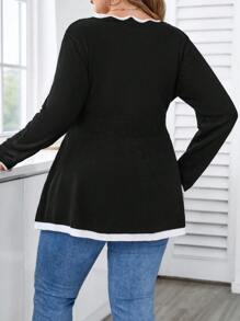Calvaya Plus Size Colorblock Trim Long Sleeve Sweater, Casual Daily Wear, For Autumn Knit Pullover Bussines Formal Black And White Winter - Black - View 2