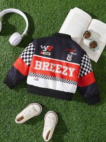 SHEIN Baby Girls' Thick Warm Racing Pattern Letter Zip Up Jacket For Outdoor, Fall/Winter