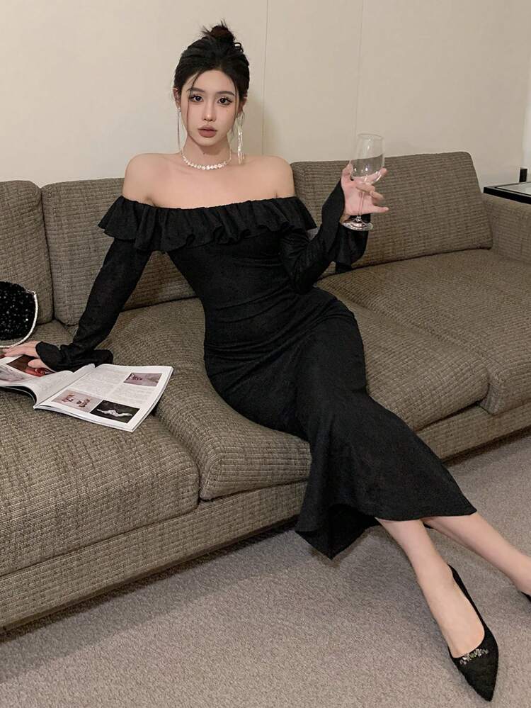 Party/Wedding Guest Ruffle Off Shoulder Long Sleeve Dress For Women, Birthday Prom Dress, Fall Dress Elegant Women Dress