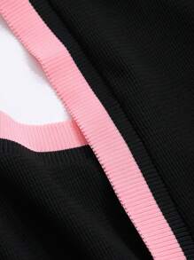 DAZY 女式撞色镂空圆领黑色长袖运动衫，秋季服装 - 黑色 - 查看 3