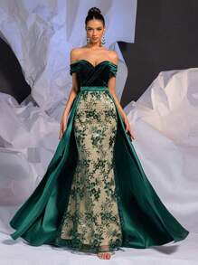 SHEIN Belle 优雅橄榄绿色拼接露肩褶皱高腰开衩下摆串珠网眼覆盖及地长裙，适合约会、聚会、婚礼和活动 - 墨綠色 - 查看 2