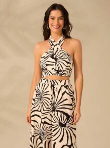 CAJUNI Women's Boho Print, Shell Print, Cross Neckline Halter Tank Top, Summer Casual Beach Holiday Short Tank Top