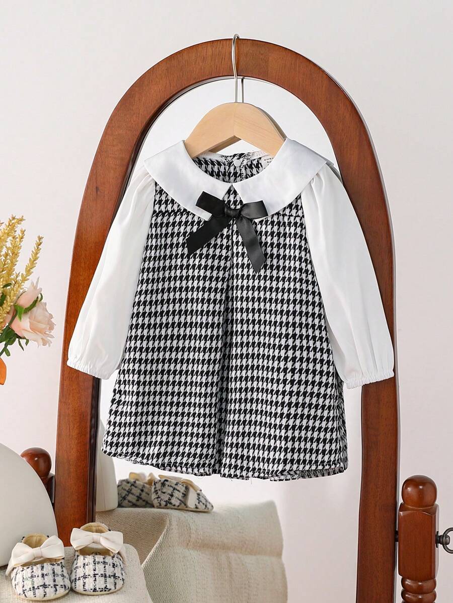 SHEIN Đầm chữ A dài tay kẻ caro cổ nơ thời trang cho bé gái, mùa thu đông - Đen và trắng - Xem 1