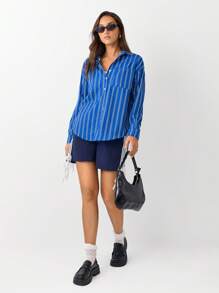 SHEIN Unity 1pc Women's Simple Blue Striped Pocket Open Front Shirt, Suitable For Office & Commuting, Autumn/Winter - Blue - View 1