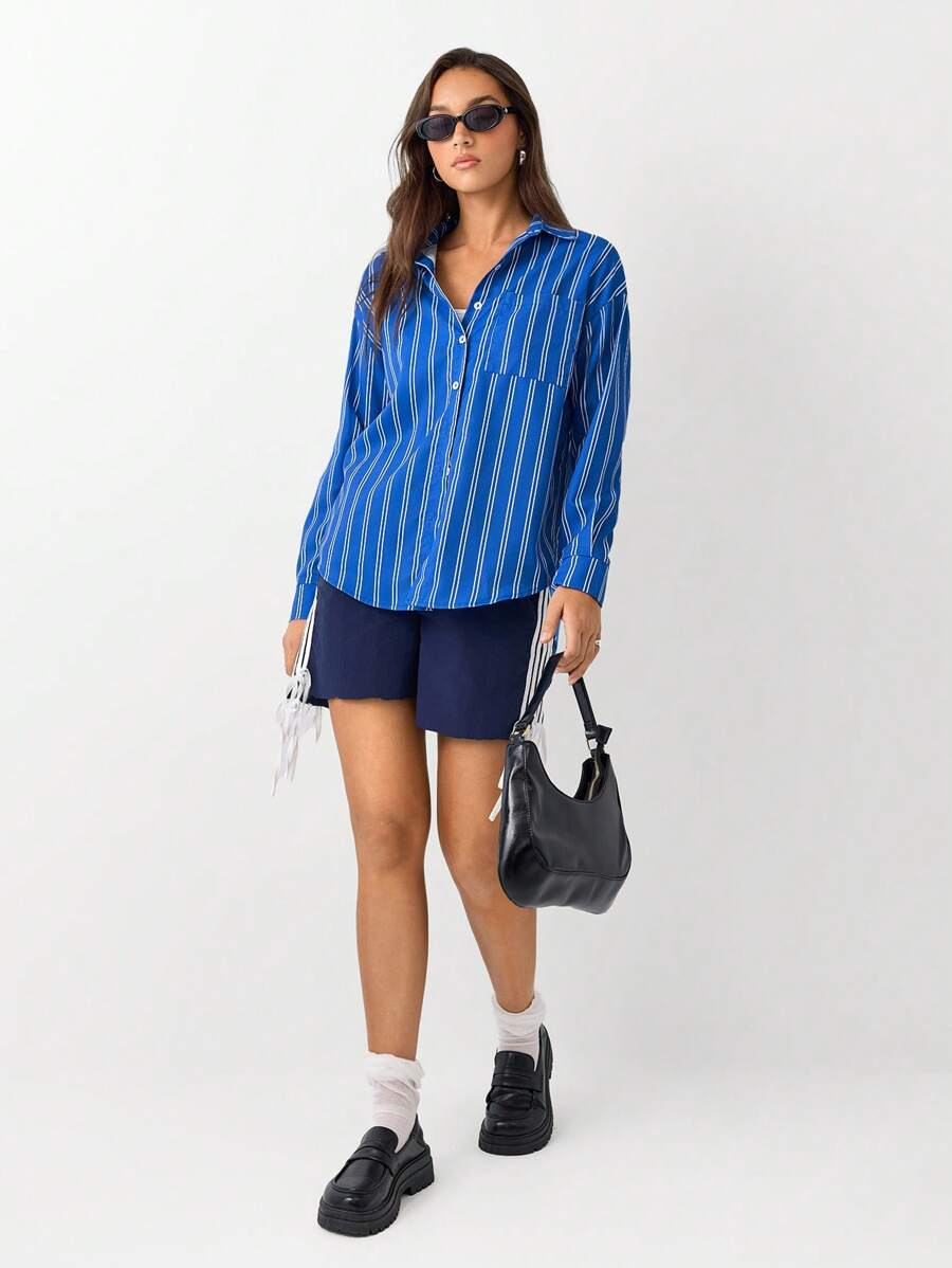SHEIN Unity 1pc Women's Simple Blue Striped Pocket Open Front Shirt, Suitable For Office & Commuting, Autumn/Winter - Blue - View 1