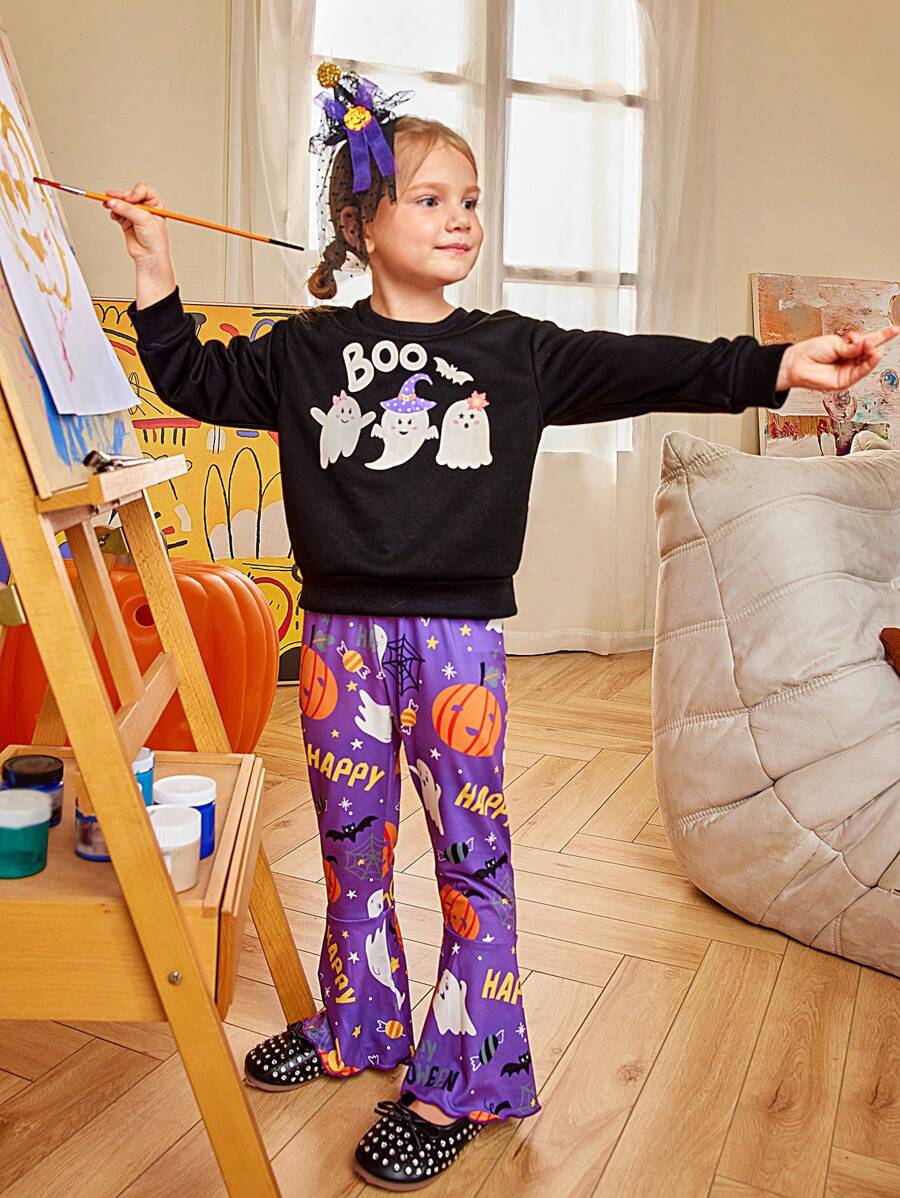2pcs/Set Girls Cute Ghost Print Sweatshirt & Pumpkin Ghost Legging Pants, Halloween Outfit