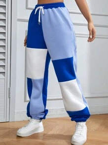 SHEIN Unity Colorblock Drawstring Waist Sweatpants Graduation,Back To School Outfits,Graduation,Teacher Outfits For Women,Back To School - Blue - View 5