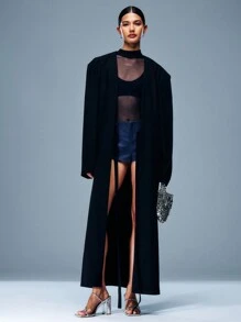 TypaGal Solid Black Long Placket Lace Up Front Trench Coat