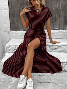 SHEIN LUNE 2pcs Women's Striped Round Neck Batwing Short Top And Side Slit Skirt Set - Navy Blue - View 1