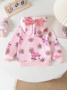 Cardigan com capuz e zíper com estampa de desenho animado de manga comprida para bebê menina com decoração de orelha de coelho 3D e laço, outono - Rosa - Ver 2