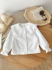 SHEIN LMoss Kids LMoss Young Girl Frill Trim Peter Pan Collar Statement Collar Lantern Sleeve Blouse,Autumn And Winter,Great For Casual & Daily Wear & School Daily,College Style, Back-To-School