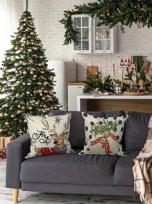 Set Of 4 Christmas Throw Pillow Covers, Woven Linen Blend, Contemporary Style, Festive Printed Designs With Zipper Closure, Machine Washable - Suitable For Various Room Types, Living Room Decor - Multicolor - View 5