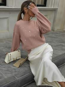GENKIRA 休闲圆领水钻装饰毛衣，针织套头衫，秋冬款 - 藕粉色 - 查看 7
