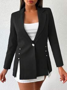 EURMUSE Single Breasted Lapel Slit Hem Blazer - Black - View 5