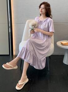 DAZY Short Sleeve Ruffle Trim Nightgown With All-Over Print Pajama, Moo Moo - Purple - View 5