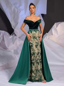 SHEIN Belle 优雅橄榄绿色拼接露肩褶皱高腰开衩下摆串珠网眼覆盖及地长裙，适合约会、聚会、婚礼和活动 - 墨綠色 - 查看 6