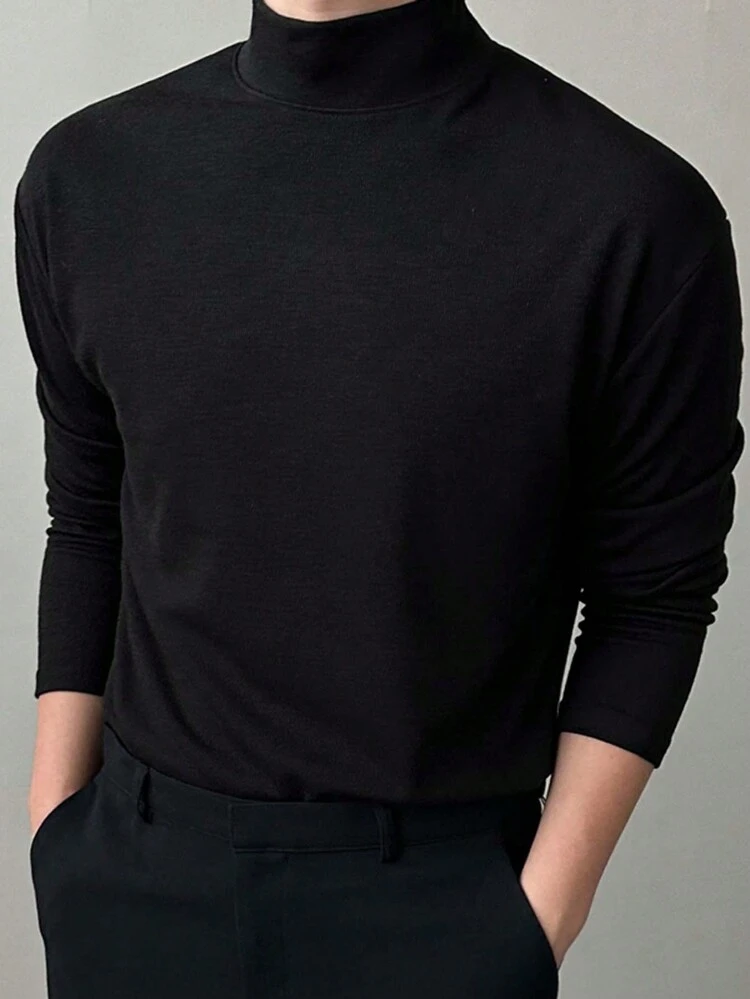 Men Casual Solid Color Black Long Sleeve Thermal T-Shirt, Autumn