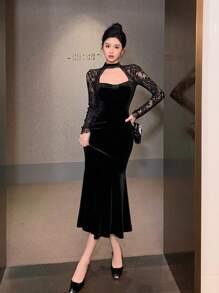 DAZY 天鹅绒派对、返校、正式场合长袖蕾丝拼接中长连衣裙，适合女士、秋冬季舞会礼服、优雅女士连衣裙、新年夜礼服、情人节礼服 - 黑色 - 查看 9