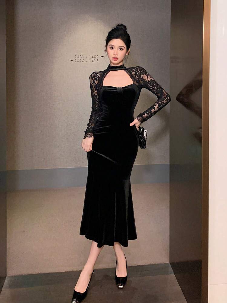 Velvet Party, Back To School, Formal Occasion Long Sleeve Lace Patchwork Midi Dress For Women, Autumn/Winter Prom Dress Elegant Women Dresses New Year Eve Dress Valentine's Day