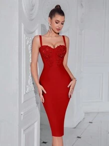 Elisanya Vestido de fiesta de verano elegante con tirantes finos y bordado para mujer - Rojo - Ver 4