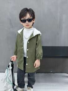 SHEIN 1pc Young Boys' Casual Long Sleeve Hooded Mid-Length Trench Coat, Suitable For Daily Wear, Breathable, Outdoor, Commuting, School, Autumn/Winter