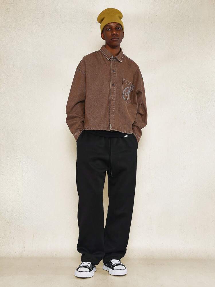 Crop Fit Long Sleeve Denim Shirt With Embroidered Pocket