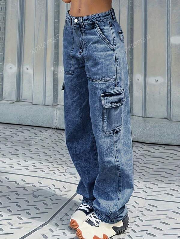 Minimalist American Style Washed Light Color Cargo Denim Jeans